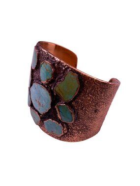 Handcrafted Vintage Solid Copper Cuff Bracelet With Inlaid Green Turquoise
